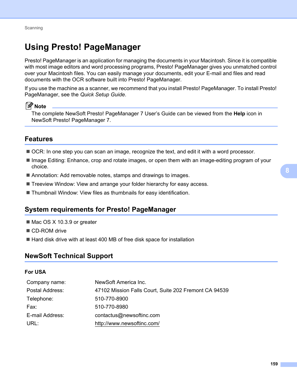 Features, Newsoft technical support, Using presto! pagemanager | System requirements for presto! pagemanager | Brother MFC-9120CN User Manual | Page 167 / 215