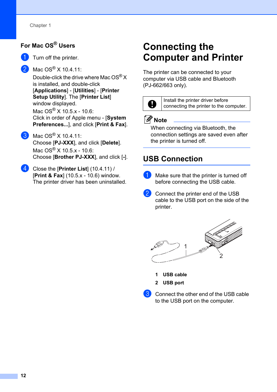 Connecting the computer and printer, Usb connection | Brother Pocket Jet6 PJ-622 User Manual | Page 16 / 61