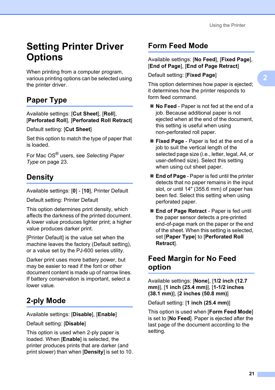 Setting printer driver options, Paper type, Density | Ply mode, Form feed mode, Feed margin for no feed option | Brother Pocket Jet6 PJ-622 User Manual | Page 25 / 61