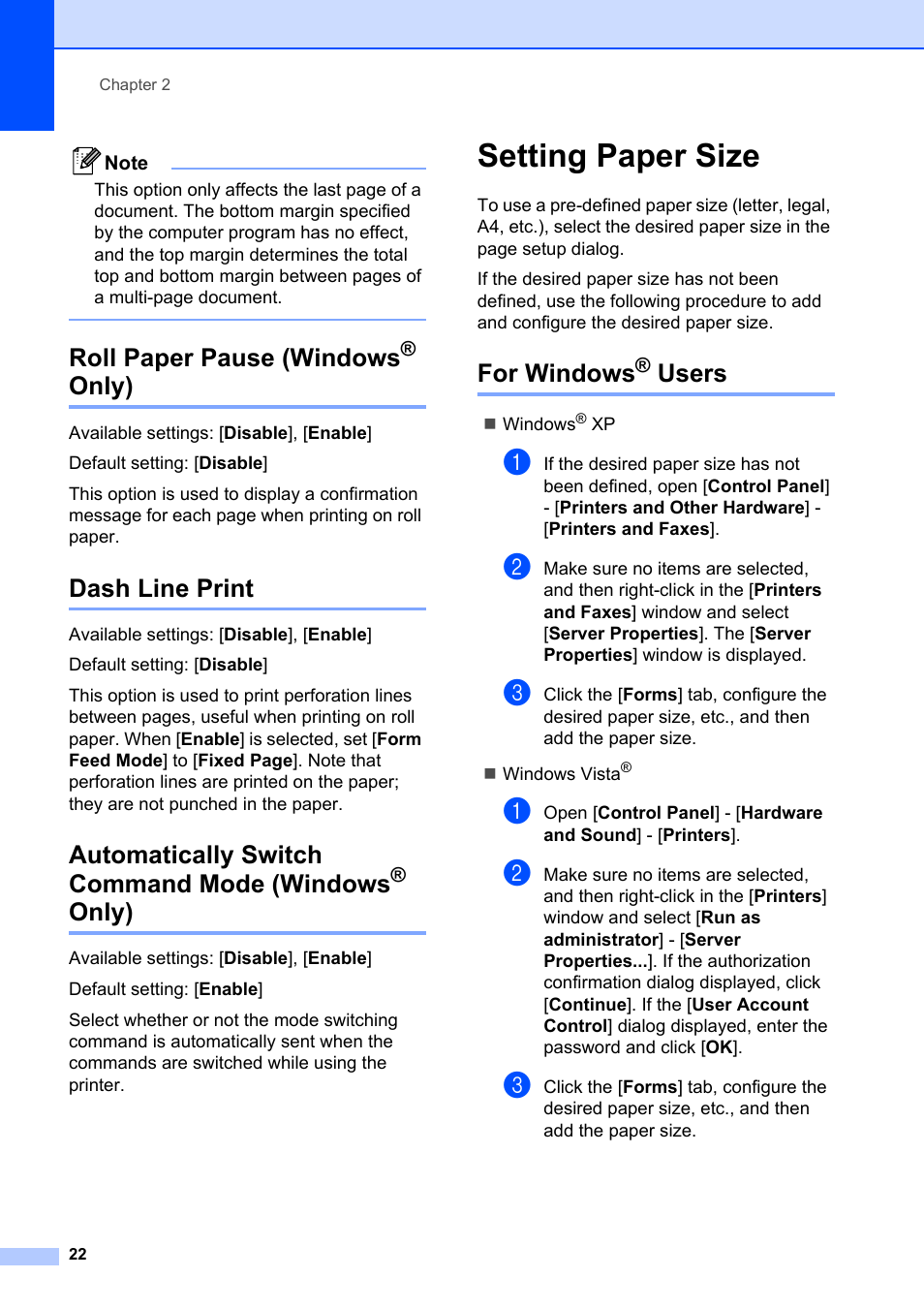 Roll paper pause (windows® only), Dash line print, Automatically switch command mode (windows® only) | Setting paper size, For windows® users, Roll paper pause (windows, Only), For windows, Users, Automatically switch command mode (windows | Brother Pocket Jet6 PJ-622 User Manual | Page 26 / 61