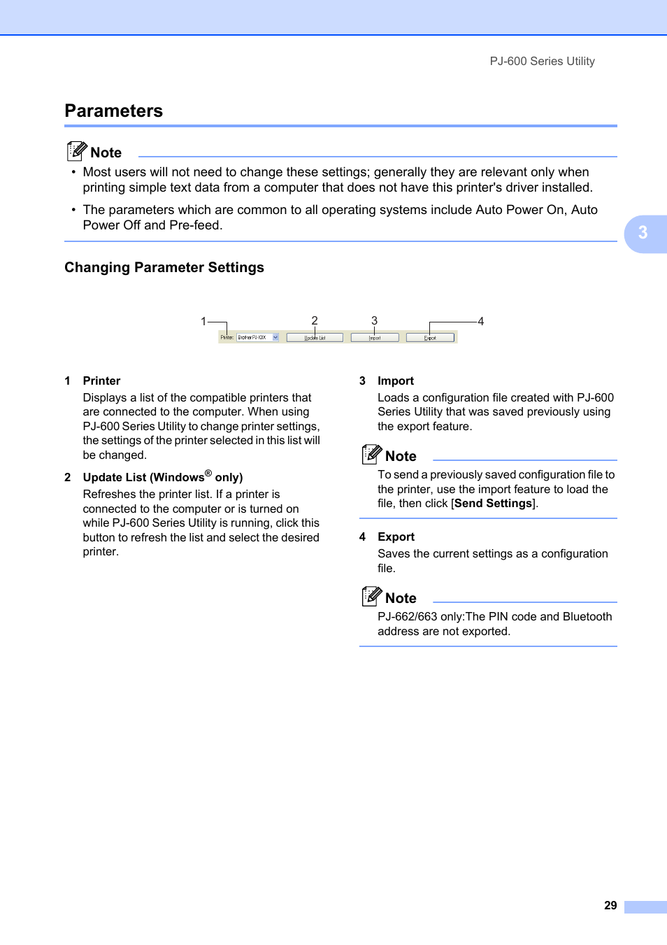 Parameters, 3parameters, Changing parameter settings | Brother Pocket Jet6 PJ-622 User Manual | Page 33 / 61