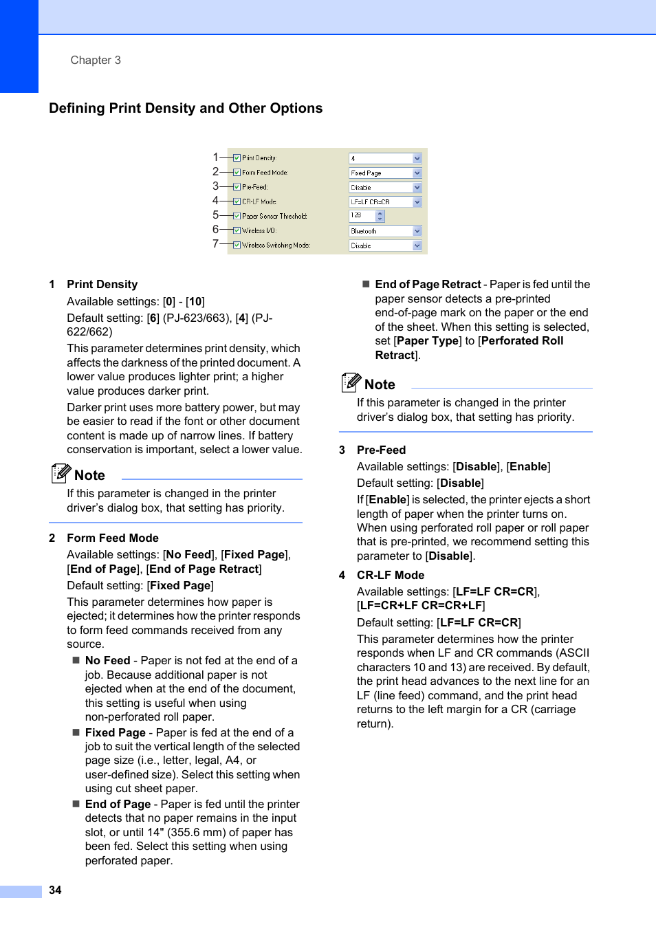 Defining print density and other options | Brother Pocket Jet6 PJ-622 User Manual | Page 38 / 61