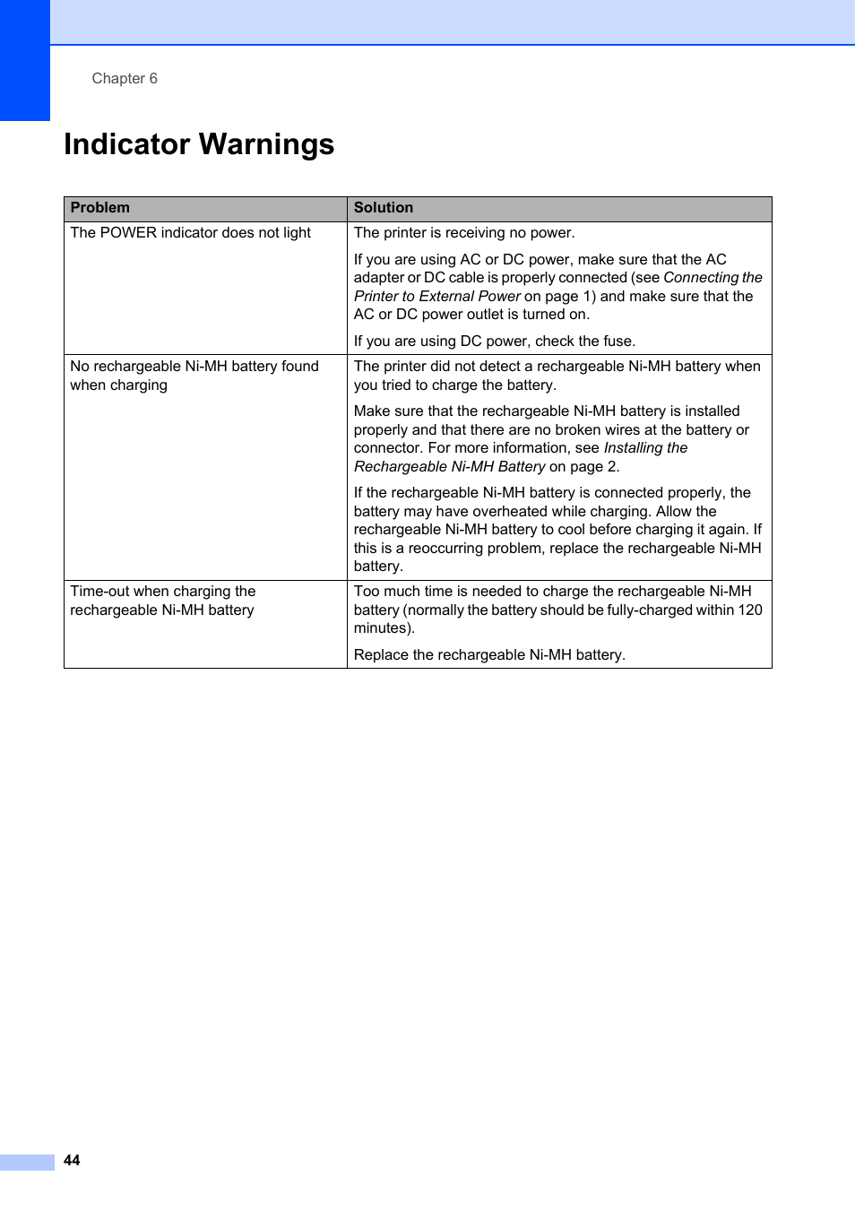 Indicator warnings | Brother Pocket Jet6 PJ-622 User Manual | Page 48 / 61