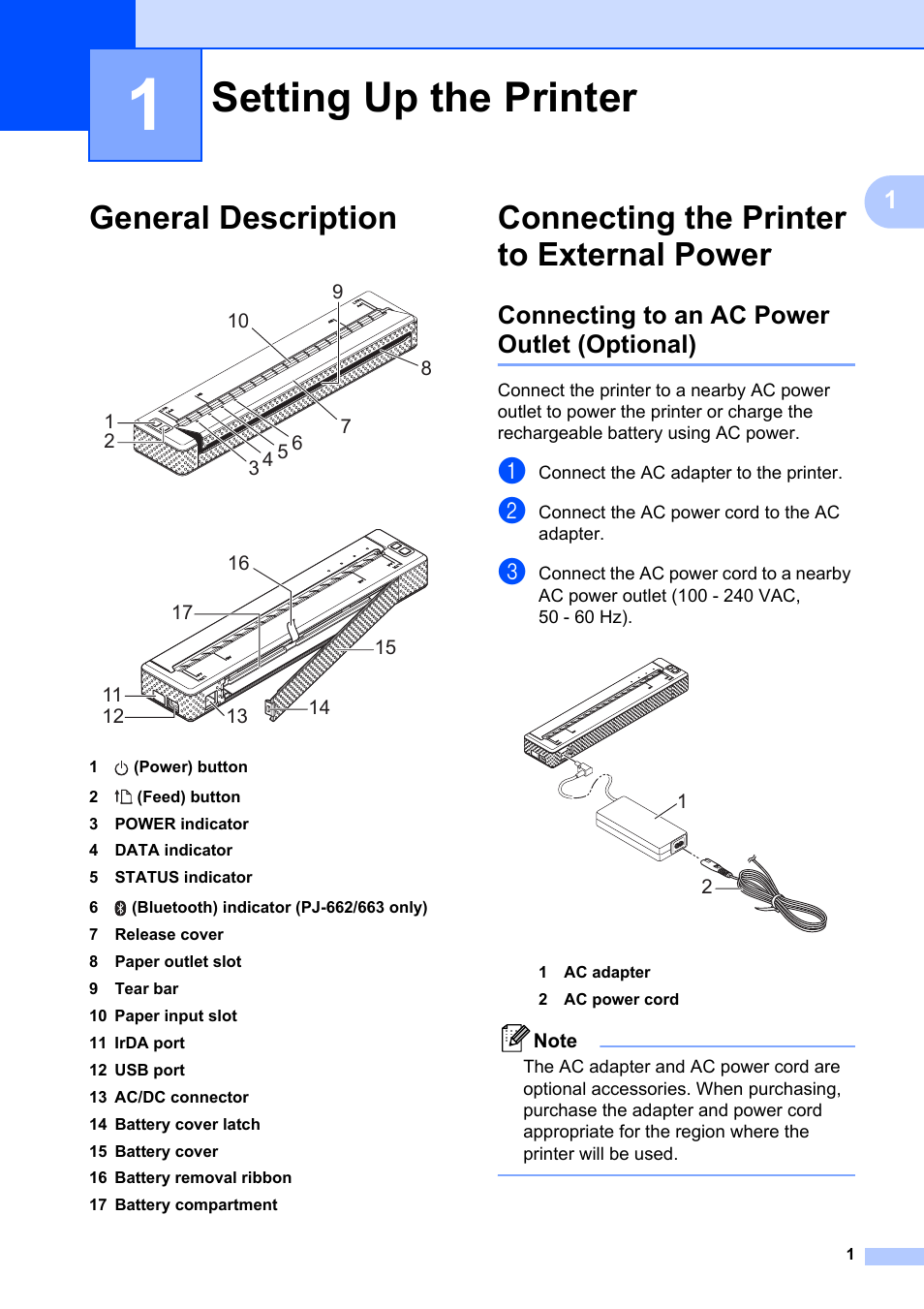 1 setting up the printer, General description, Connecting the printer to external power | Connecting to an ac power outlet (optional), Setting up the printer | Brother Pocket Jet6 PJ-622 User Manual | Page 5 / 61