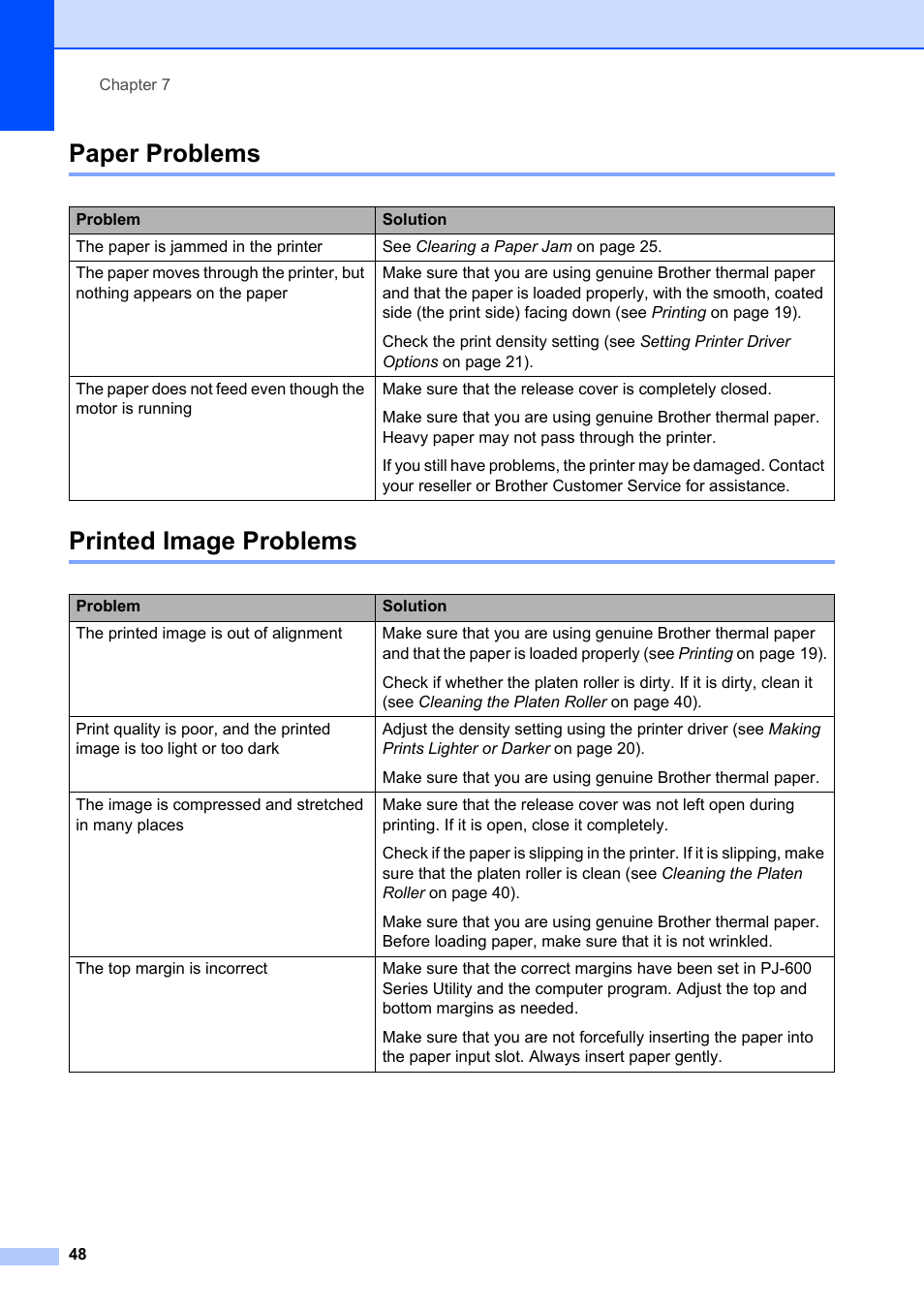 Paper problems, Printed image problems, Paper problems printed image problems | Brother Pocket Jet6 PJ-622 User Manual | Page 52 / 61