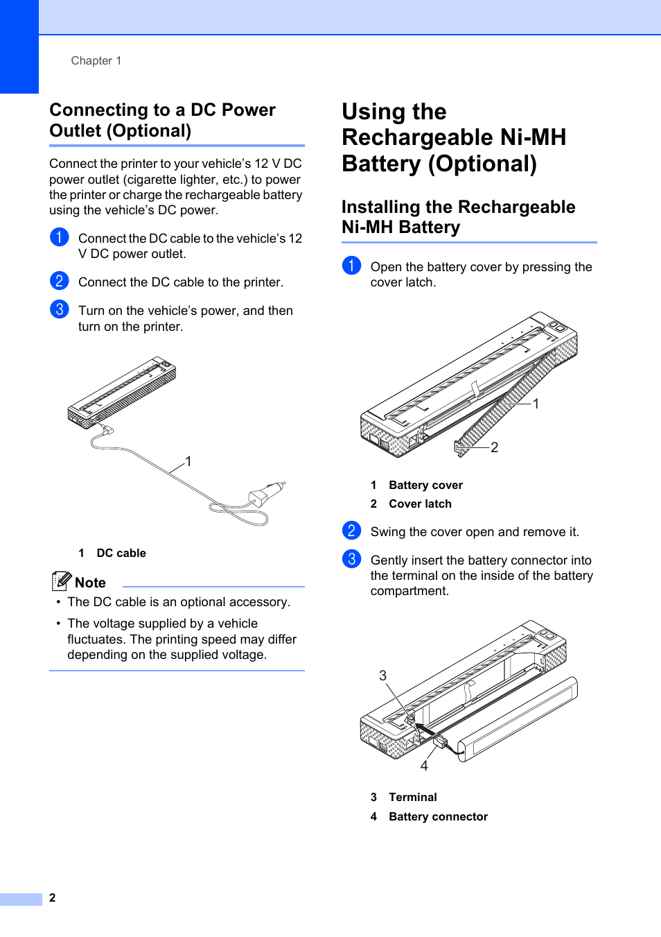 Connecting to a dc power outlet (optional), Using the rechargeable ni-mh battery (optional), Installing the rechargeable ni-mh battery | Brother Pocket Jet6 PJ-622 User Manual | Page 6 / 61