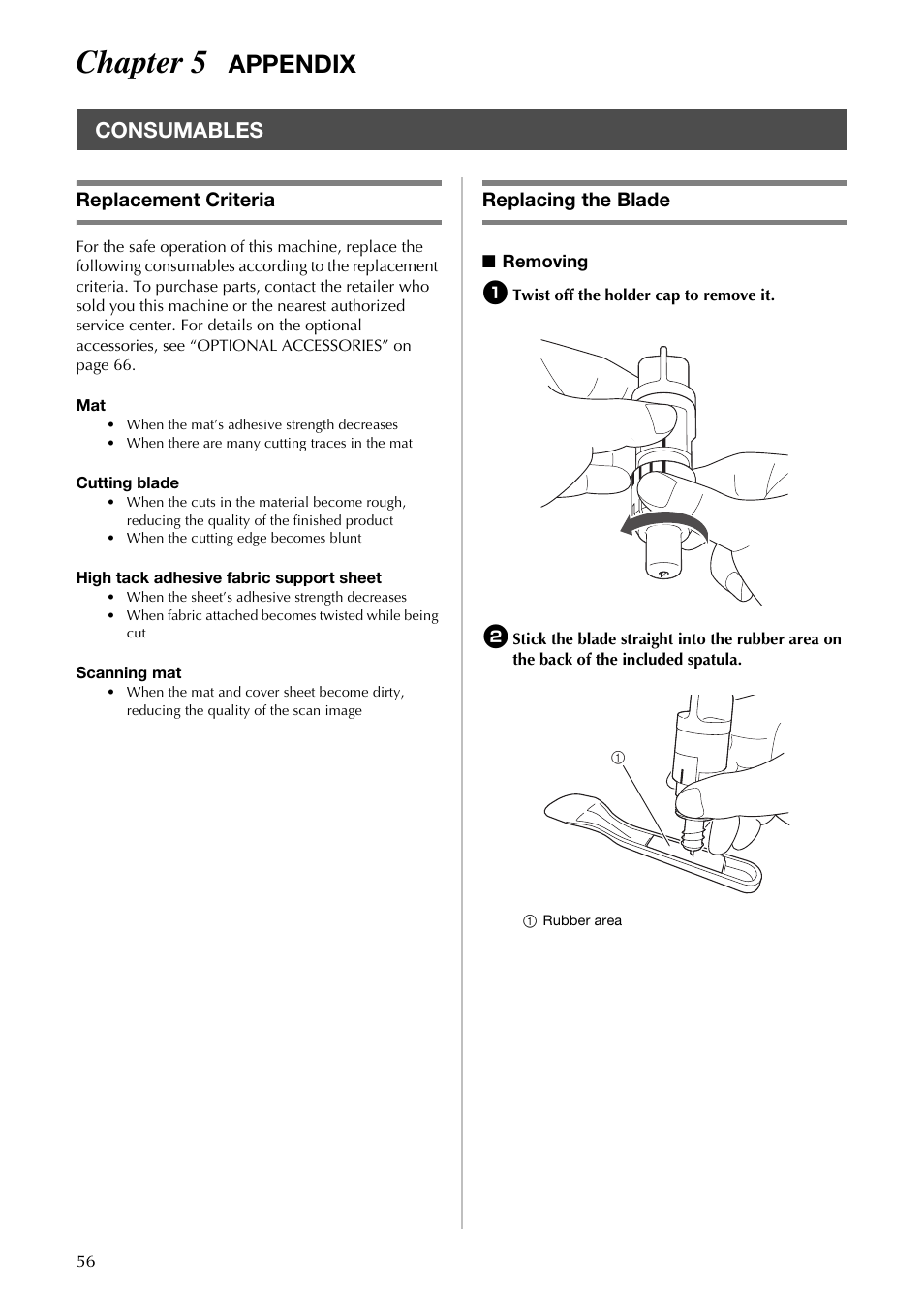 Chapter 5, Appendix, Consumables | Replacement criteria, Replacing the blade | Brother CM100DM User Manual | Page 58 / 72