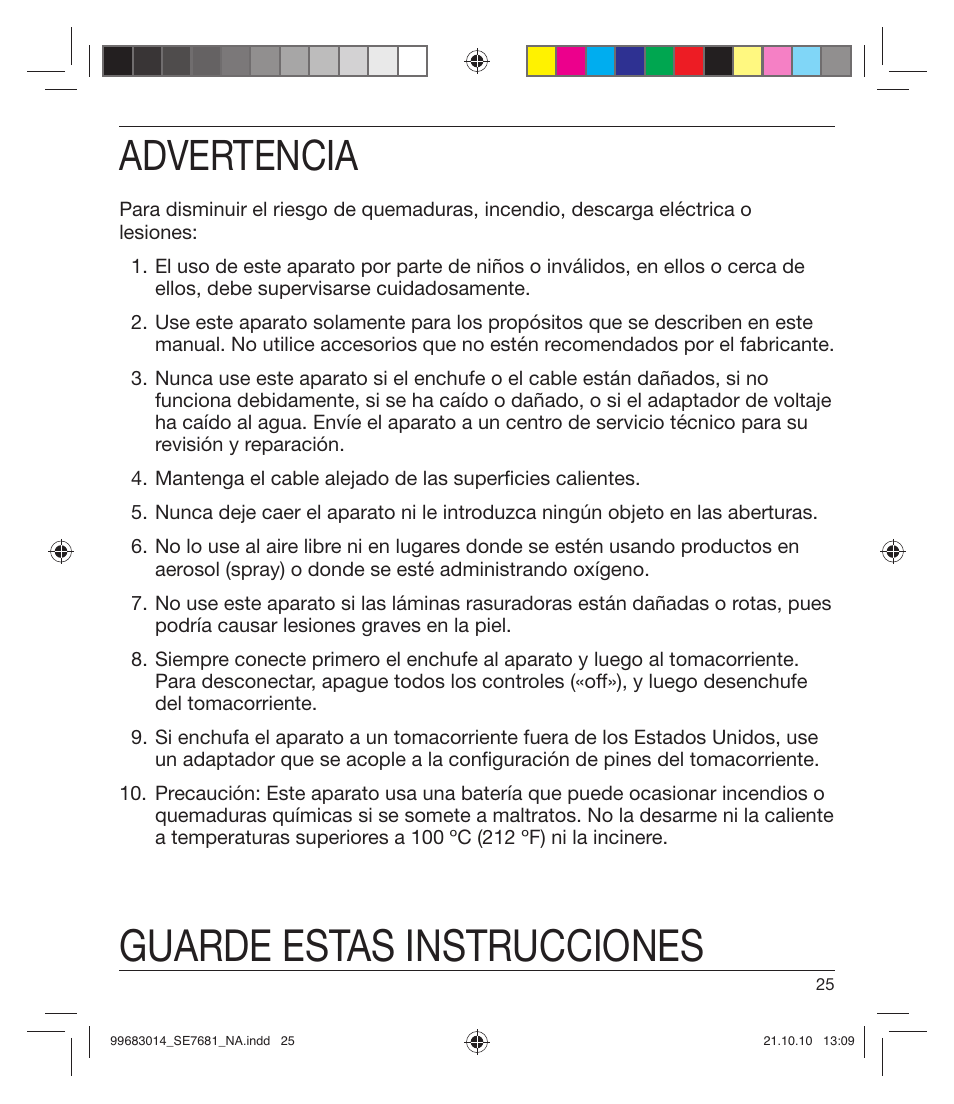 Guarde estas instrucciones, Advertencia | Braun 7681-5377 Silk-épil 7 Legs Body & Face User Manual | Page 25 / 32