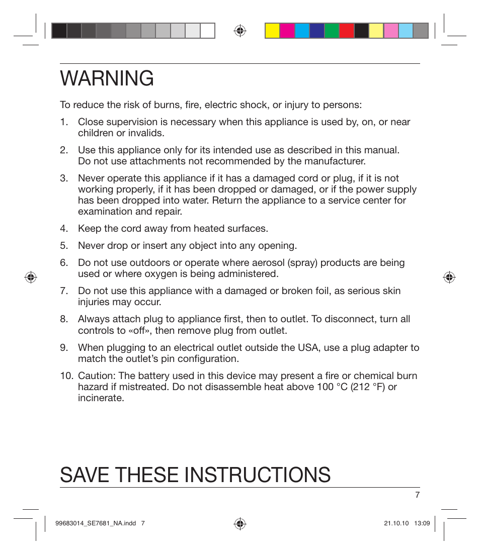 Warning, Save these instructions | Braun 7681-5377 Silk-épil 7 Legs Body & Face User Manual | Page 7 / 32