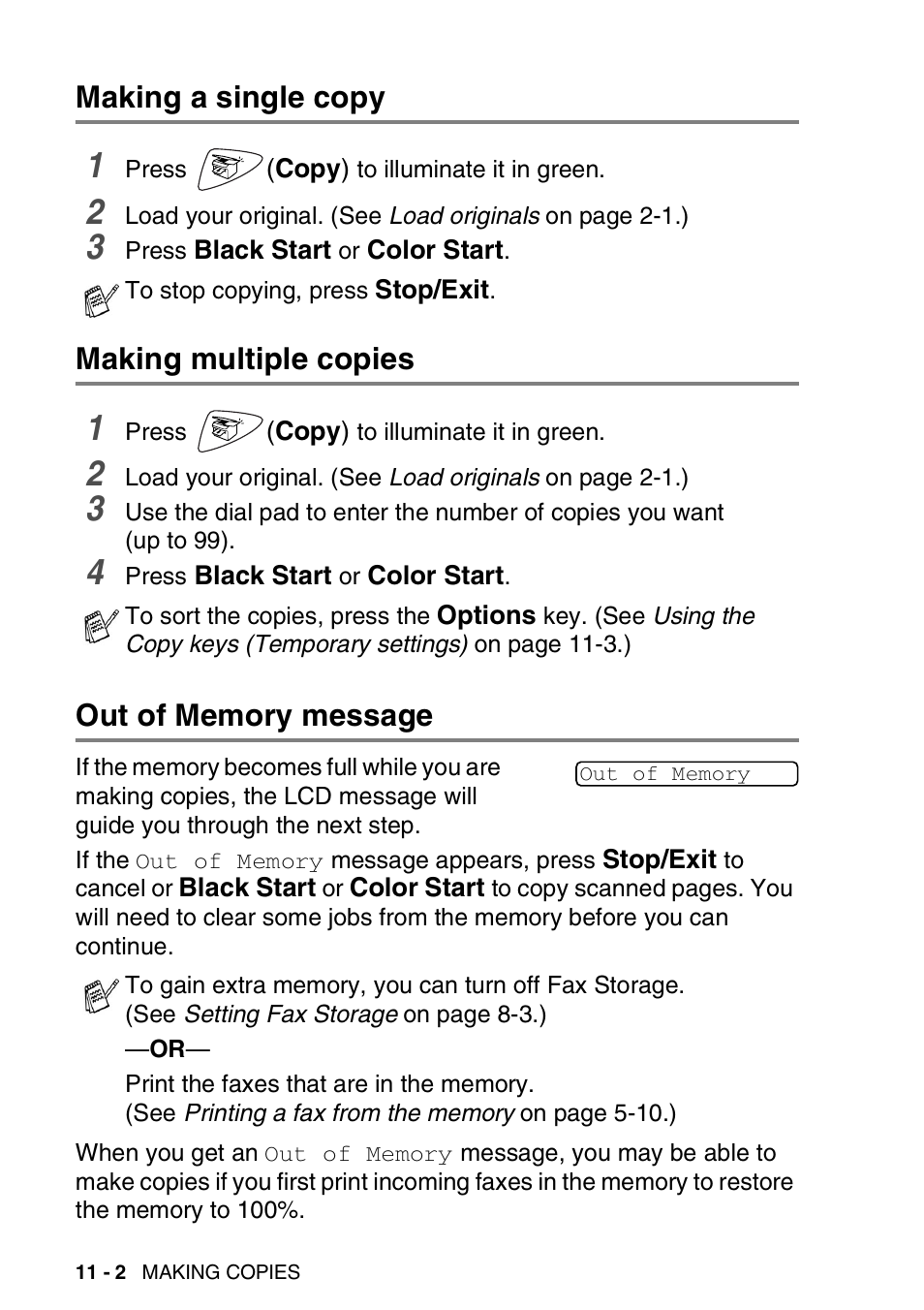 Making a single copy, Making multiple copies, Out of memory message | Brother FAX 1920CN User Manual | Page 135 / 214