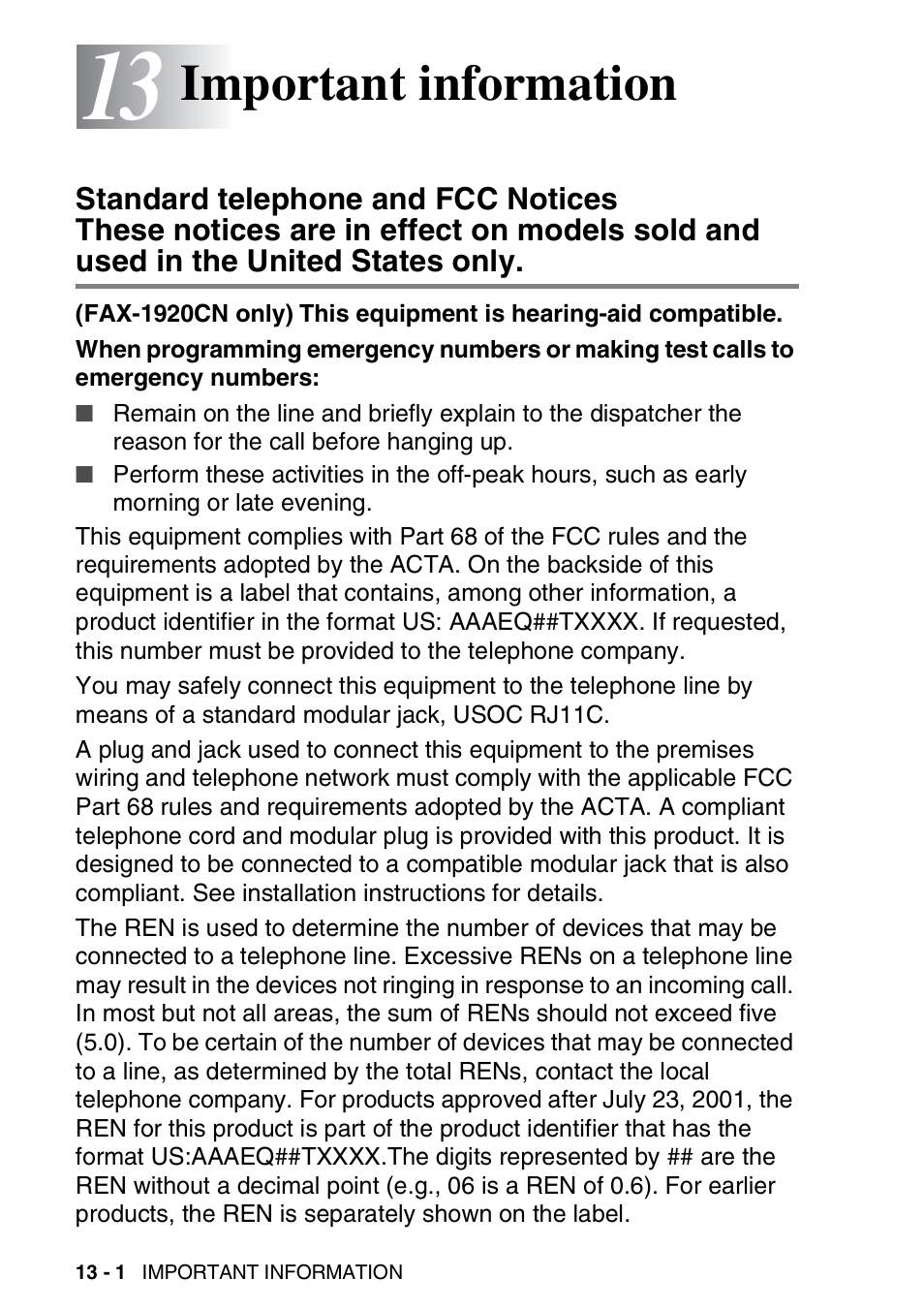 13 important information, Important information -1, Standard telephone and fcc notices | Important information | Brother FAX 1920CN User Manual | Page 161 / 214