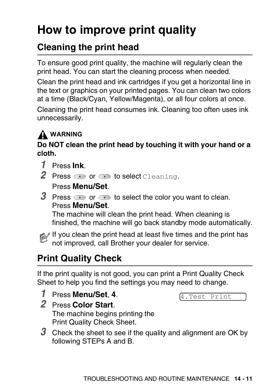 How to improve print quality, Cleaning the print head, Print quality check | How to improve print quality -11 | Brother FAX 1920CN User Manual | Page 178 / 214