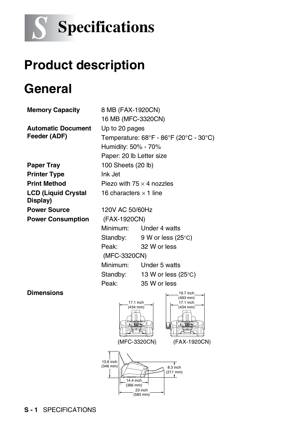 Specifications, Product description, General | Product description general | Brother FAX 1920CN User Manual | Page 195 / 214