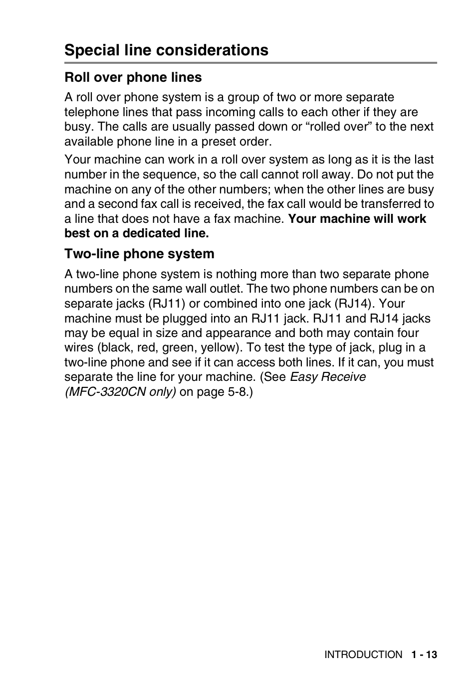 Special line considerations, Roll over phone lines, Two-line phone system | Special line considerations -13 | Brother FAX 1920CN User Manual | Page 34 / 214