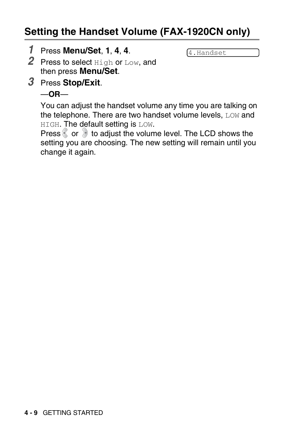 Setting the handset volume (fax-1920cn only), Setting the handset volume (fax-1920cn only) -9 | Brother FAX 1920CN User Manual | Page 67 / 214