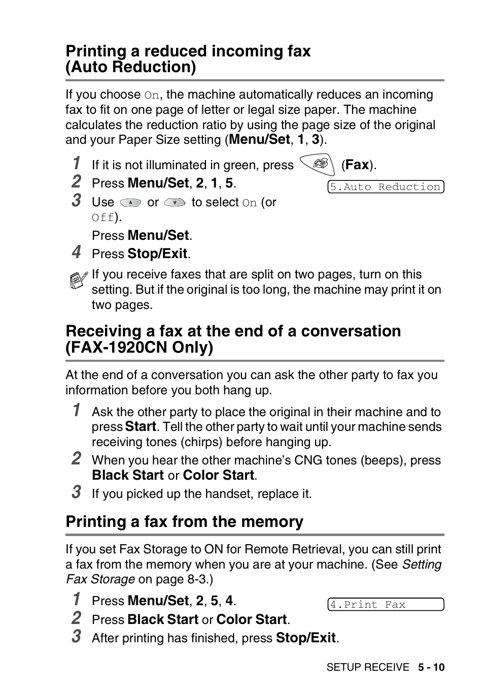 Printing a reduced incoming fax (auto reduction), Printing a fax from the memory, Printing a reduced incoming fax | Auto reduction) -10, Receiving a fax at the end of a conversation, Fax-1920cn only) -10, Printing a fax from the memory -10 | Brother FAX 1920CN User Manual | Page 80 / 214
