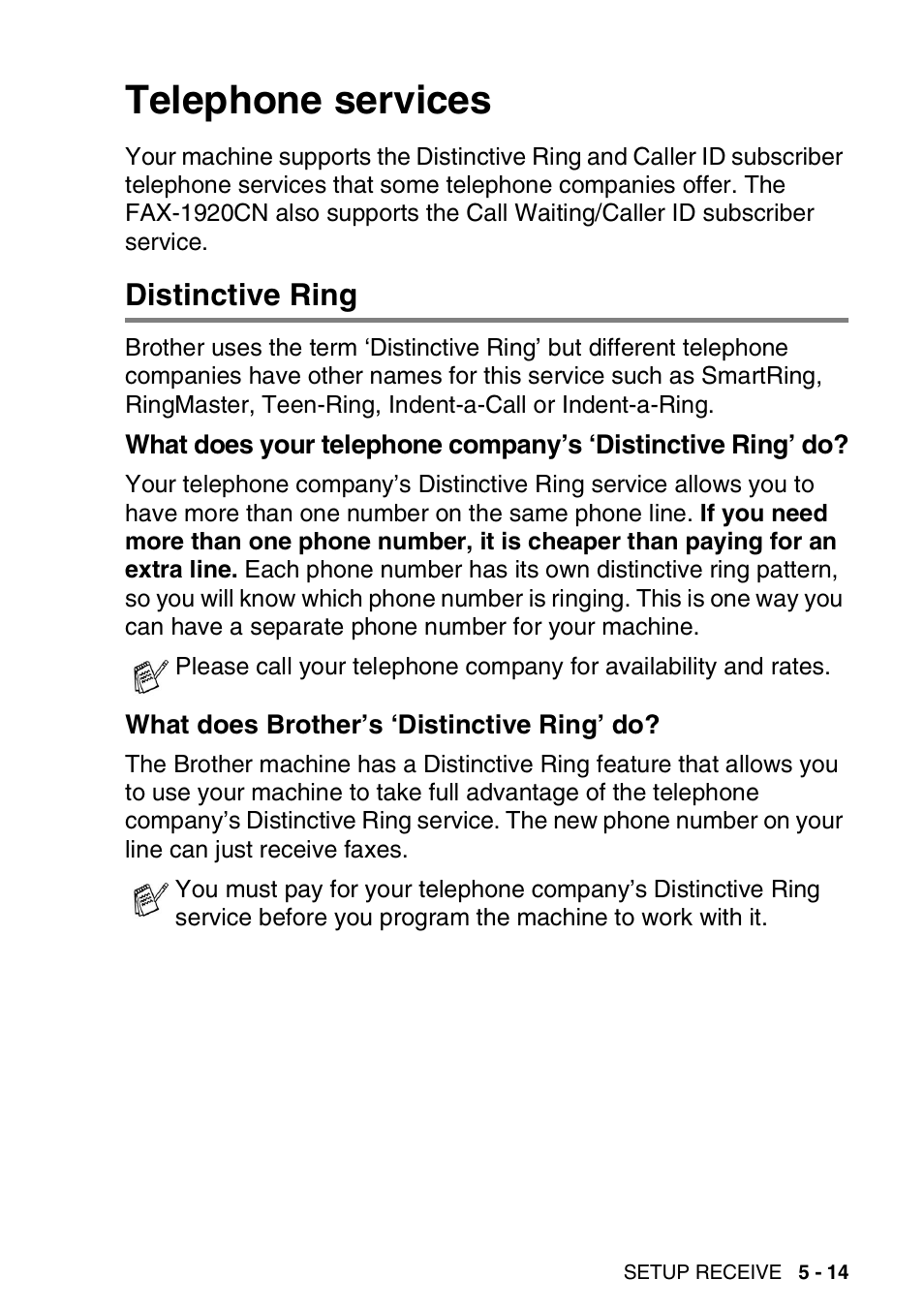 Telephone services, Distinctive ring, What does brother’s ‘distinctive ring’ do | Telephone services -14, Distinctive ring -14, What does your telephone company’s ‘distinctive, Ring’ do? -14, What does brother’s ‘distinctive ring’ do? -14 | Brother FAX 1920CN User Manual | Page 84 / 214