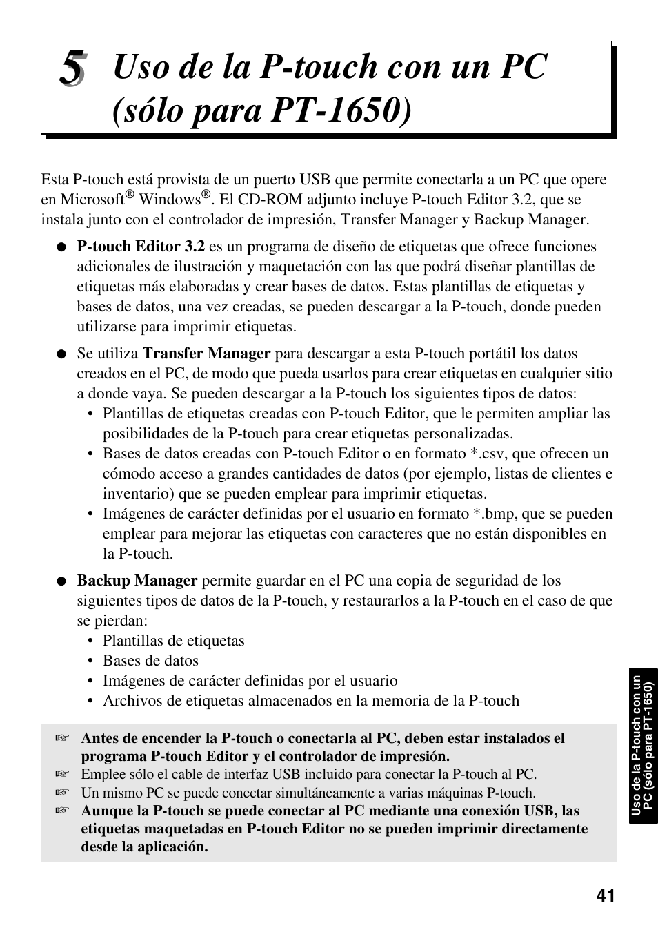 Uso de la p-touch con un pc (sólo para pt-1650) | Brother PT-1600 User Manual | Page 123 / 152