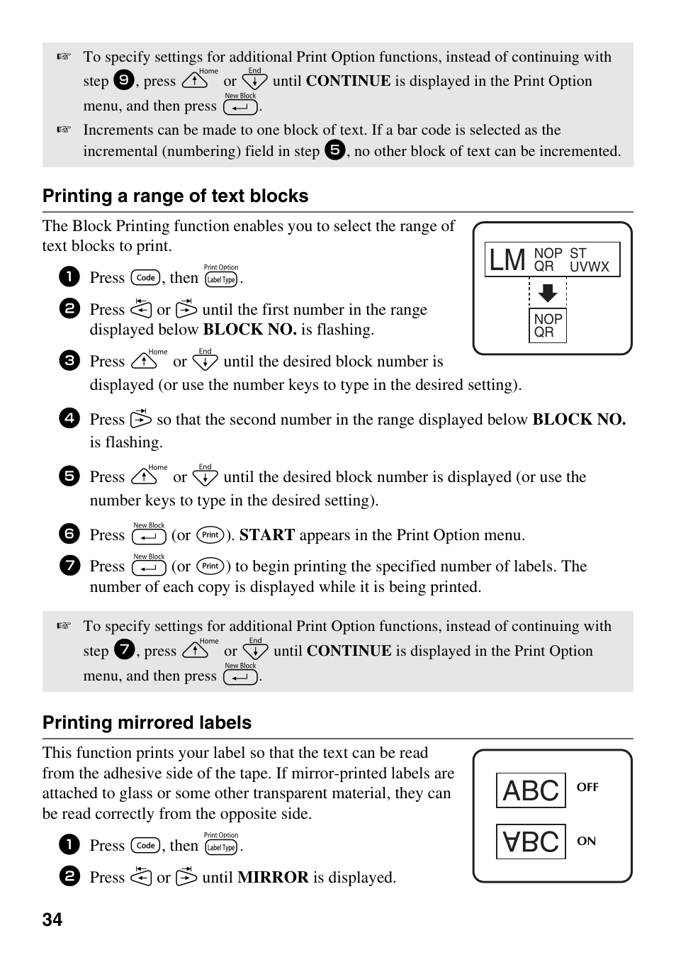 34 printing a range of text blocks, Printing mirrored labels | Brother PT-1600 User Manual | Page 42 / 152