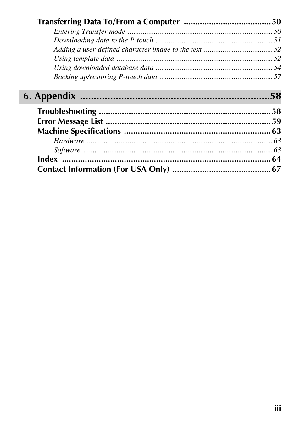 Appendix | Brother PT-1600 User Manual | Page 5 / 152