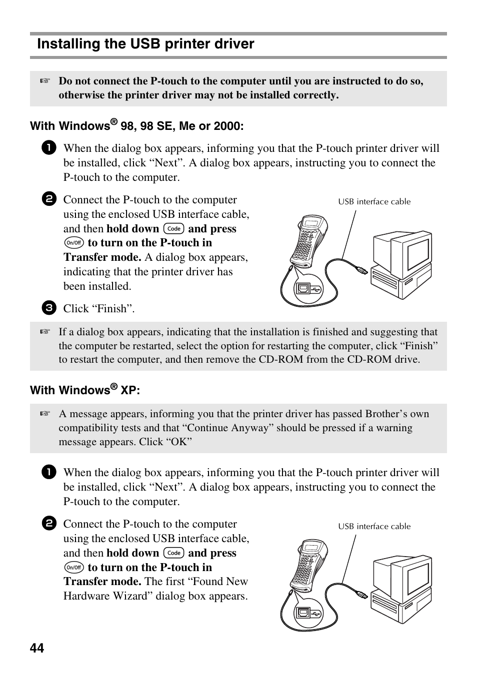 Installing the usb printer driver | Brother PT-1600 User Manual | Page 52 / 152