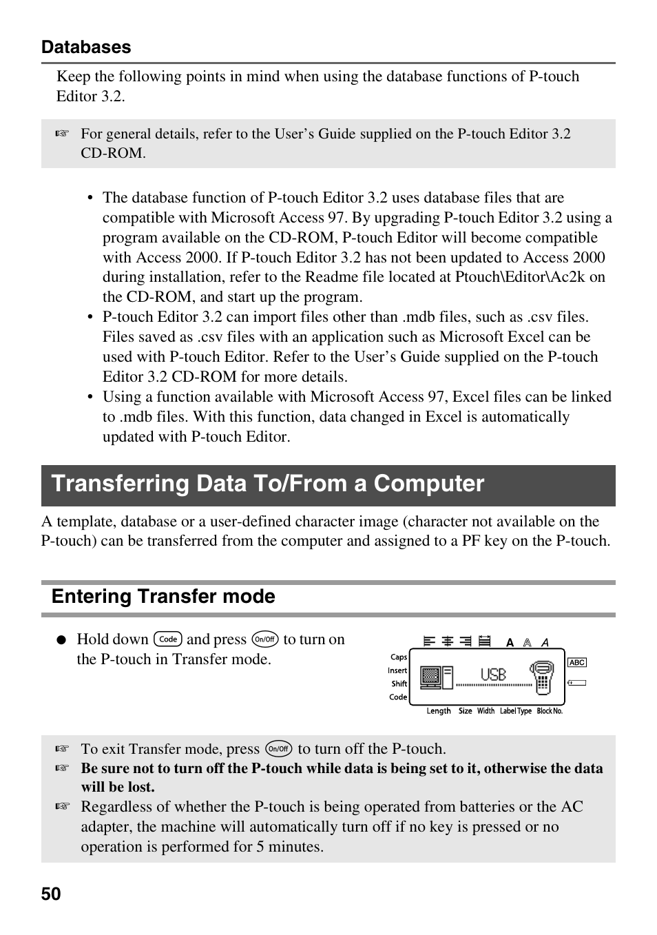 Transferring data to/from a computer, Entering transfer mode | Brother PT-1600 User Manual | Page 58 / 152