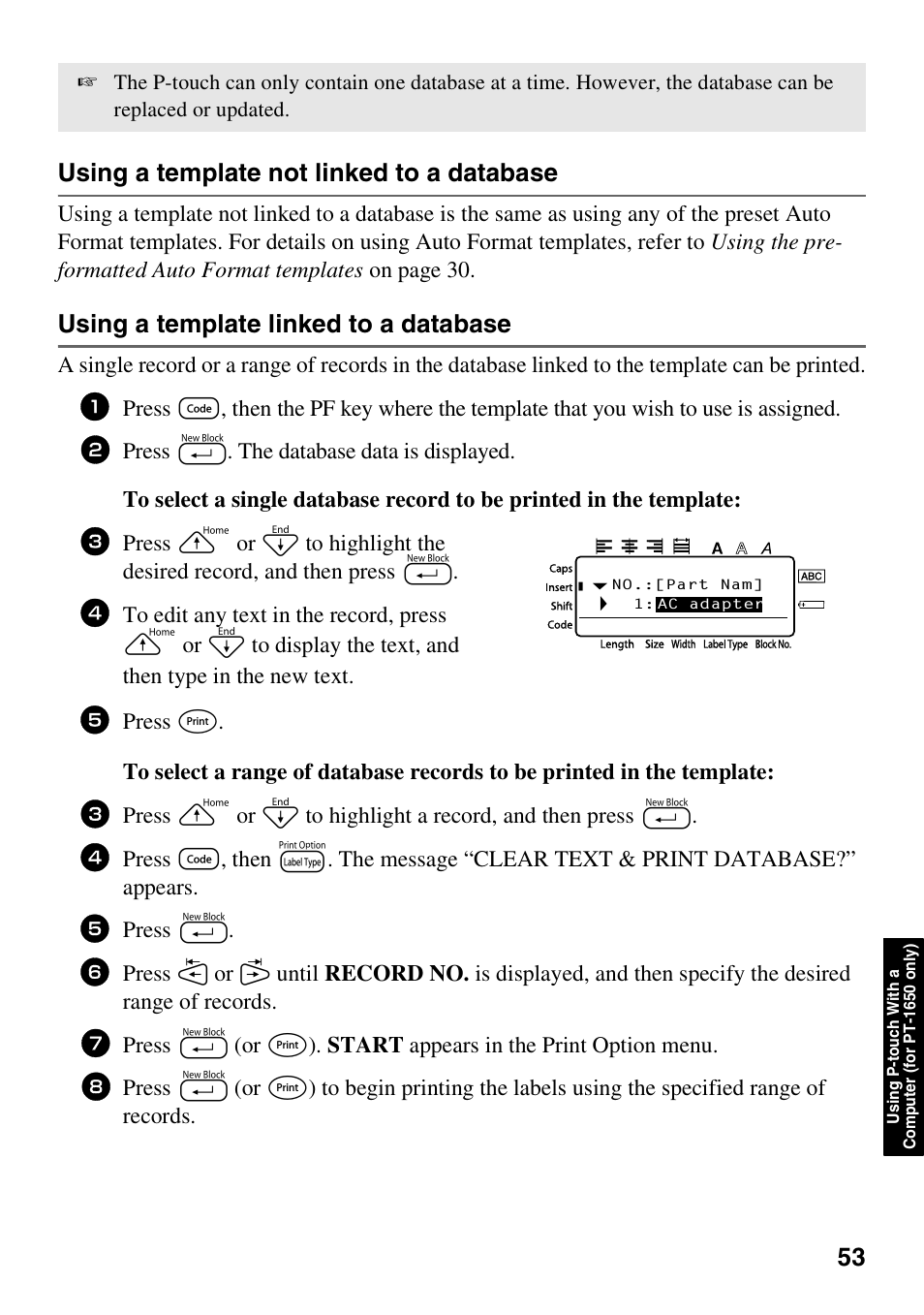 Using a template not linked to a database, Using a template linked to a database, Press n | Brother PT-1600 User Manual | Page 61 / 152