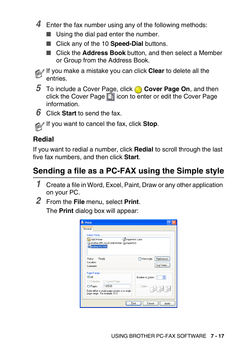 Redial, Sending a file as a pc-fax using the simple style, Redial -17 | Brother MFC 8220 User Manual | Page 141 / 198