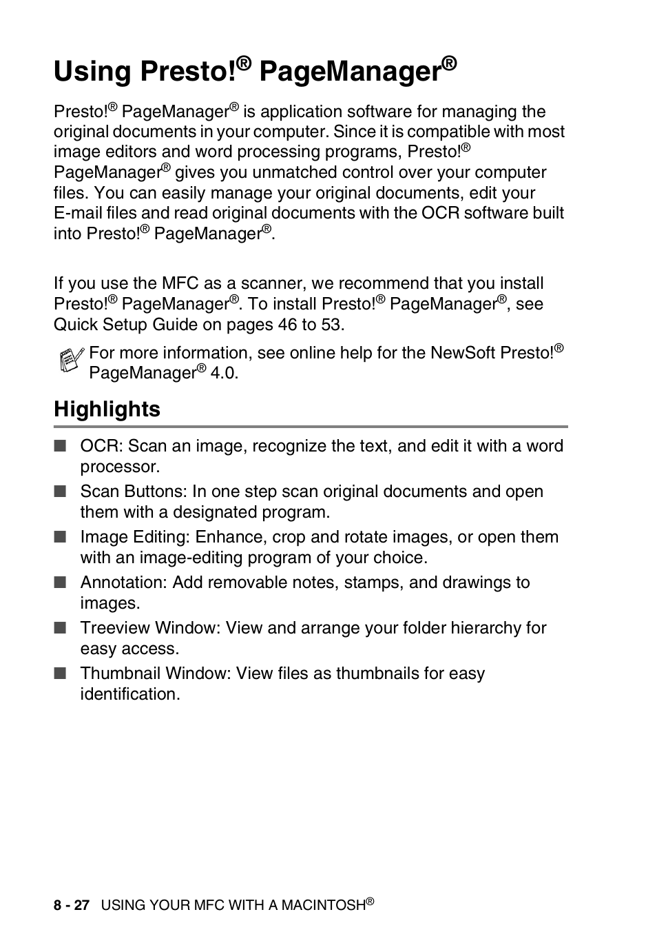 Highlights, Highlights -27 system requirements -28, Using presto | Pagemanager | Brother MFC 8220 User Manual | Page 178 / 198