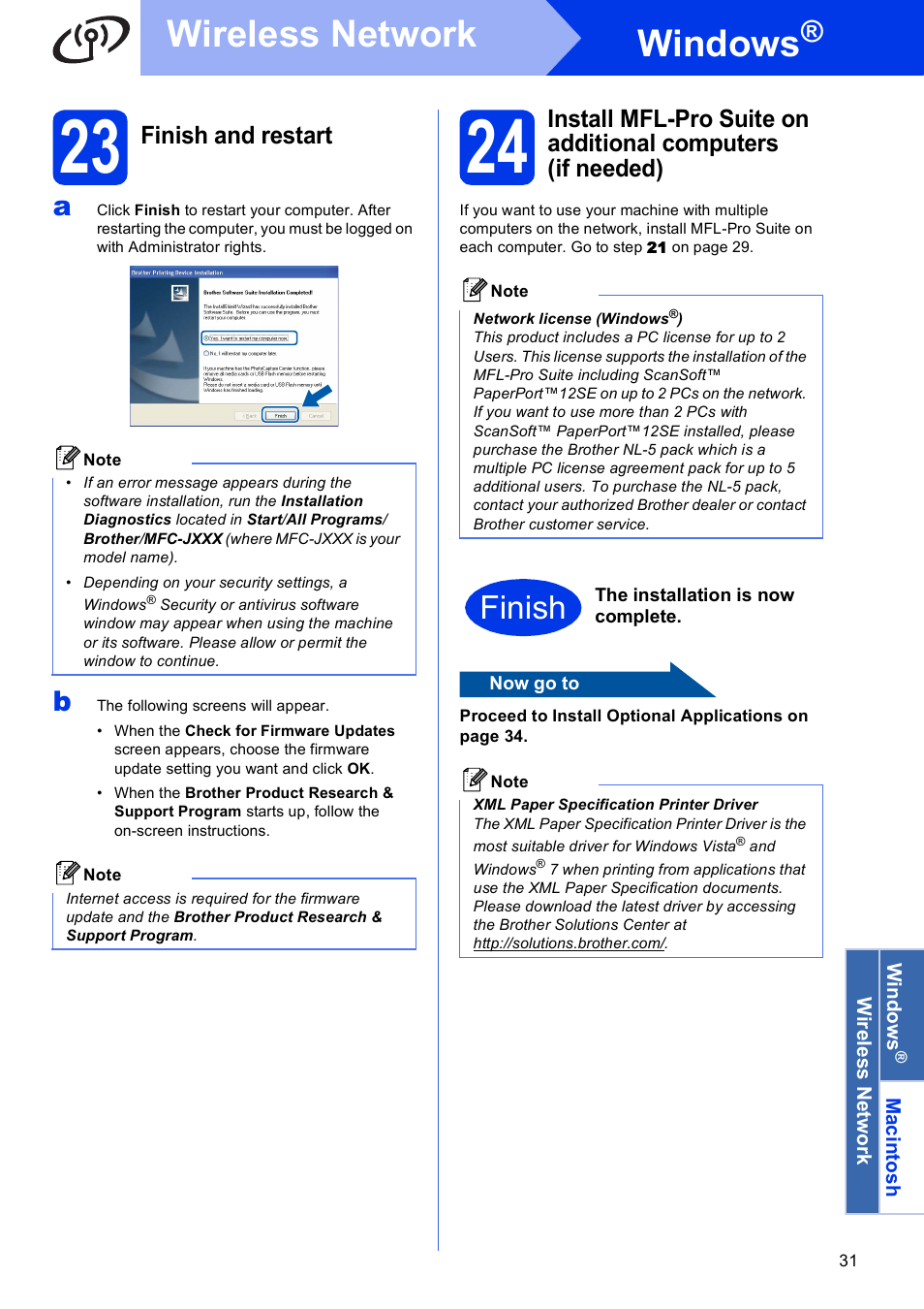 23 finish and restart, Windows, Wireless network | Finish, Finish and restart | Brother MFC-J430W User Manual | Page 31 / 36
