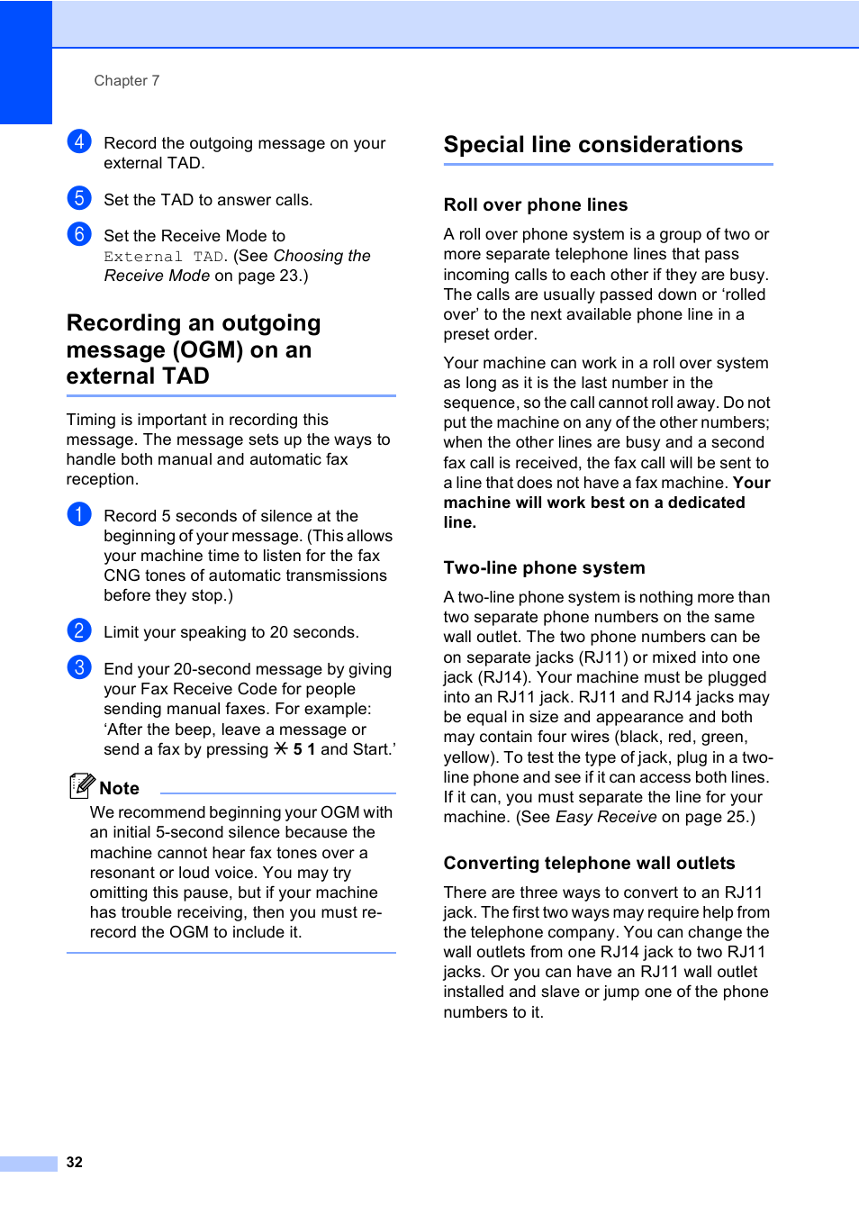 Special line considerations, Roll over phone lines, Two-line phone system | Converting telephone wall outlets | Brother Fax 1360 User Manual | Page 46 / 118