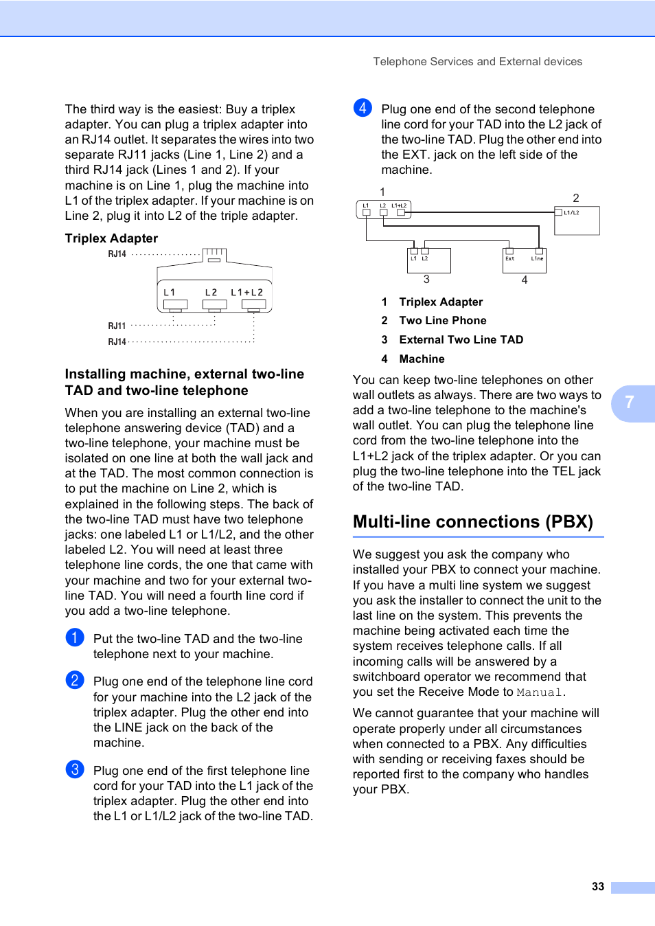 Multi-line connections (pbx) | Brother Fax 1360 User Manual | Page 47 / 118
