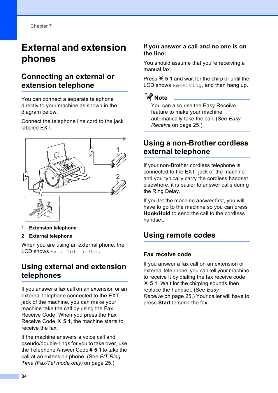 External and extension phones, Connecting an external or extension telephone, Using external and extension telephones | If you answer a call and no one is on the line, Using a non-brother cordless external telephone, Using remote codes, Fax receive code | Brother Fax 1360 User Manual | Page 48 / 118