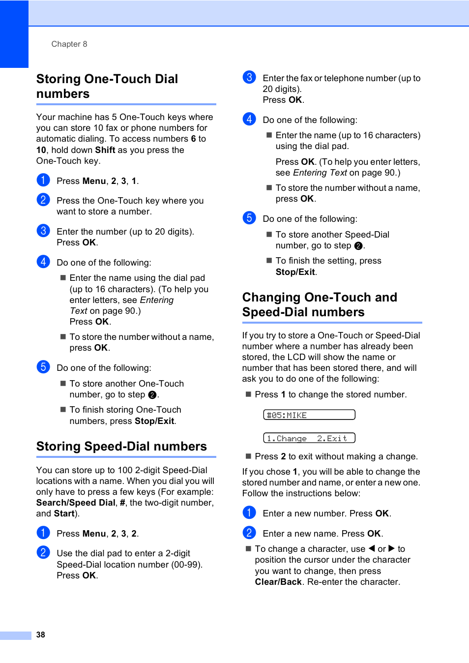Storing one-touch dial numbers, Storing speed-dial numbers, Changing one-touch and speed-dial numbers | Brother Fax 1360 User Manual | Page 52 / 118