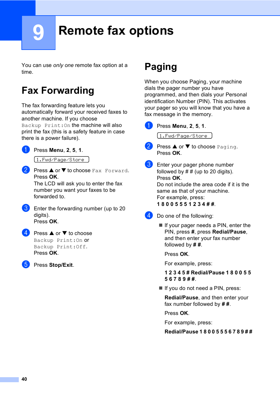 9 remote fax options, Fax forwarding, Paging | Remote fax options, Fax forwarding paging | Brother Fax 1360 User Manual | Page 54 / 118