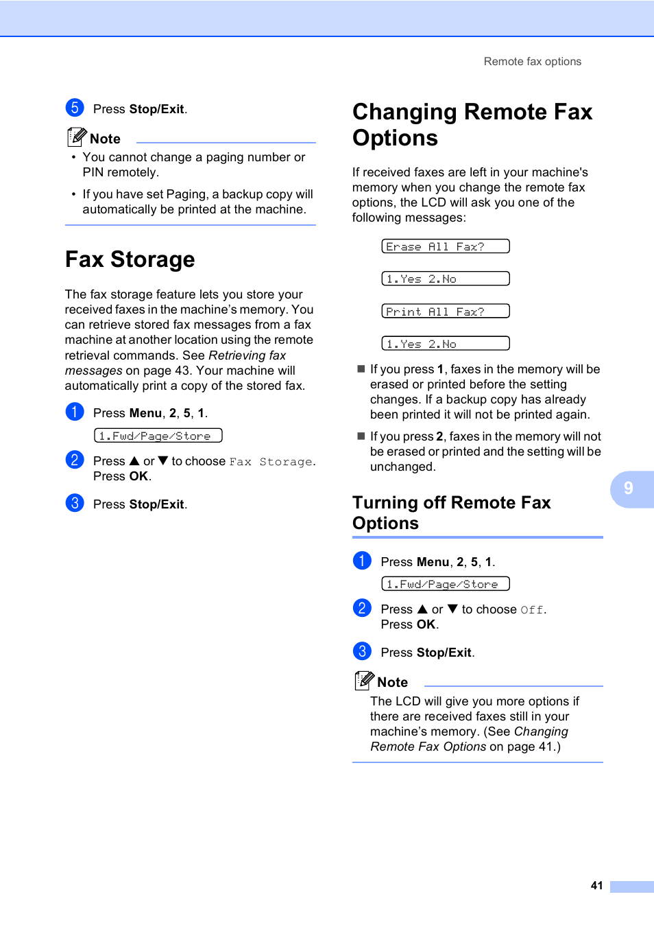 Fax storage, Changing remote fax options, Turning off remote fax options | Fax storage changing remote fax options | Brother Fax 1360 User Manual | Page 55 / 118
