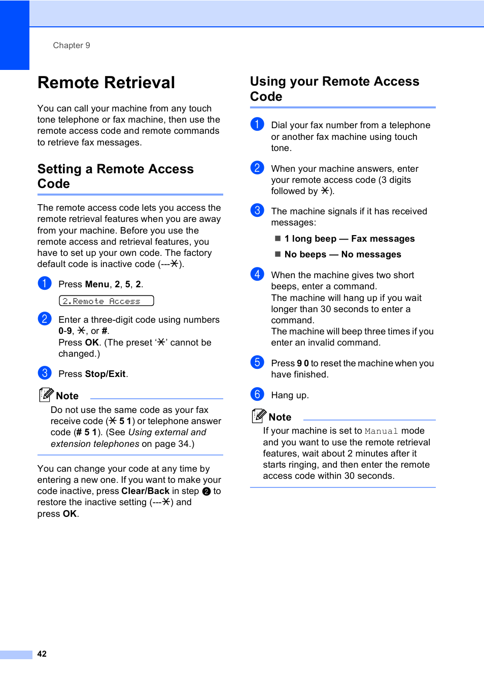 Remote retrieval, Setting a remote access code, Using your remote access code | Brother Fax 1360 User Manual | Page 56 / 118