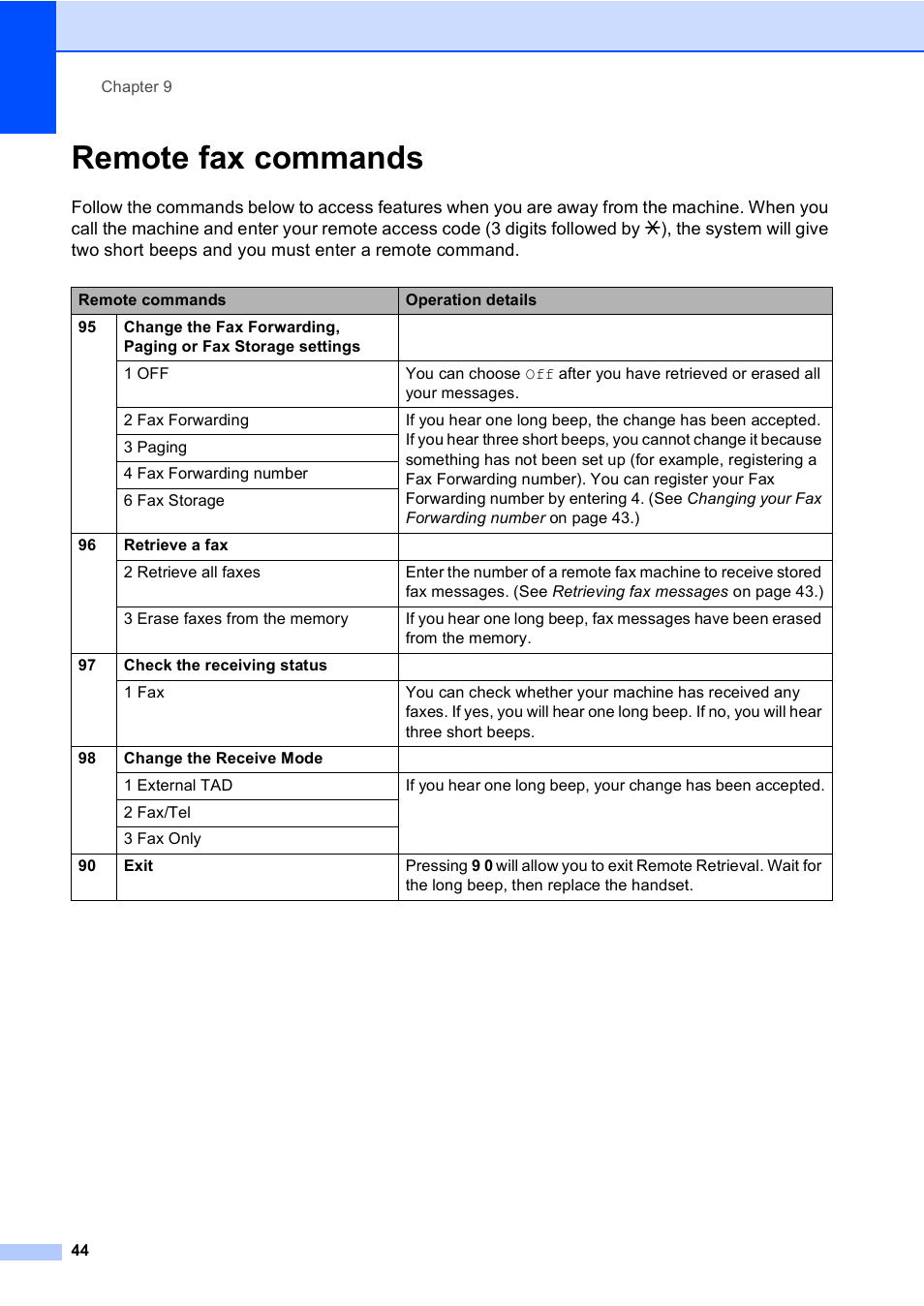 Remote fax commands | Brother Fax 1360 User Manual | Page 58 / 118