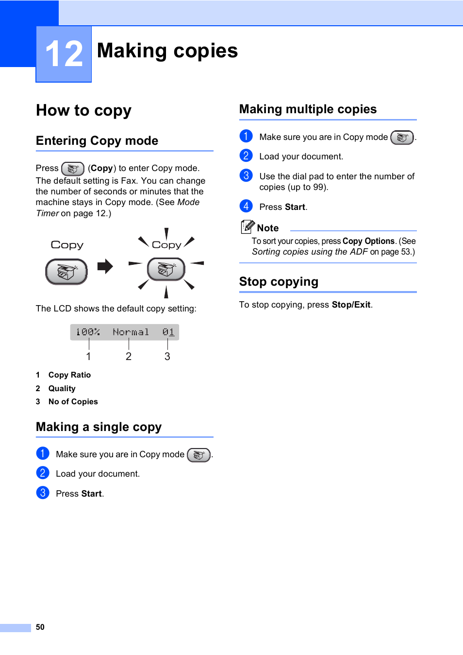 12 making copies, How to copy, Entering copy mode | Making a single copy, Making multiple copies, Stop copying, Making copies | Brother Fax 1360 User Manual | Page 64 / 118