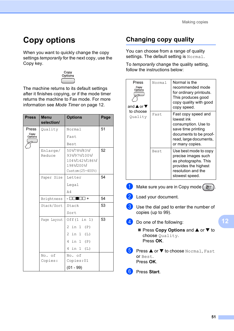 Copy options, Changing copy quality | Brother Fax 1360 User Manual | Page 65 / 118