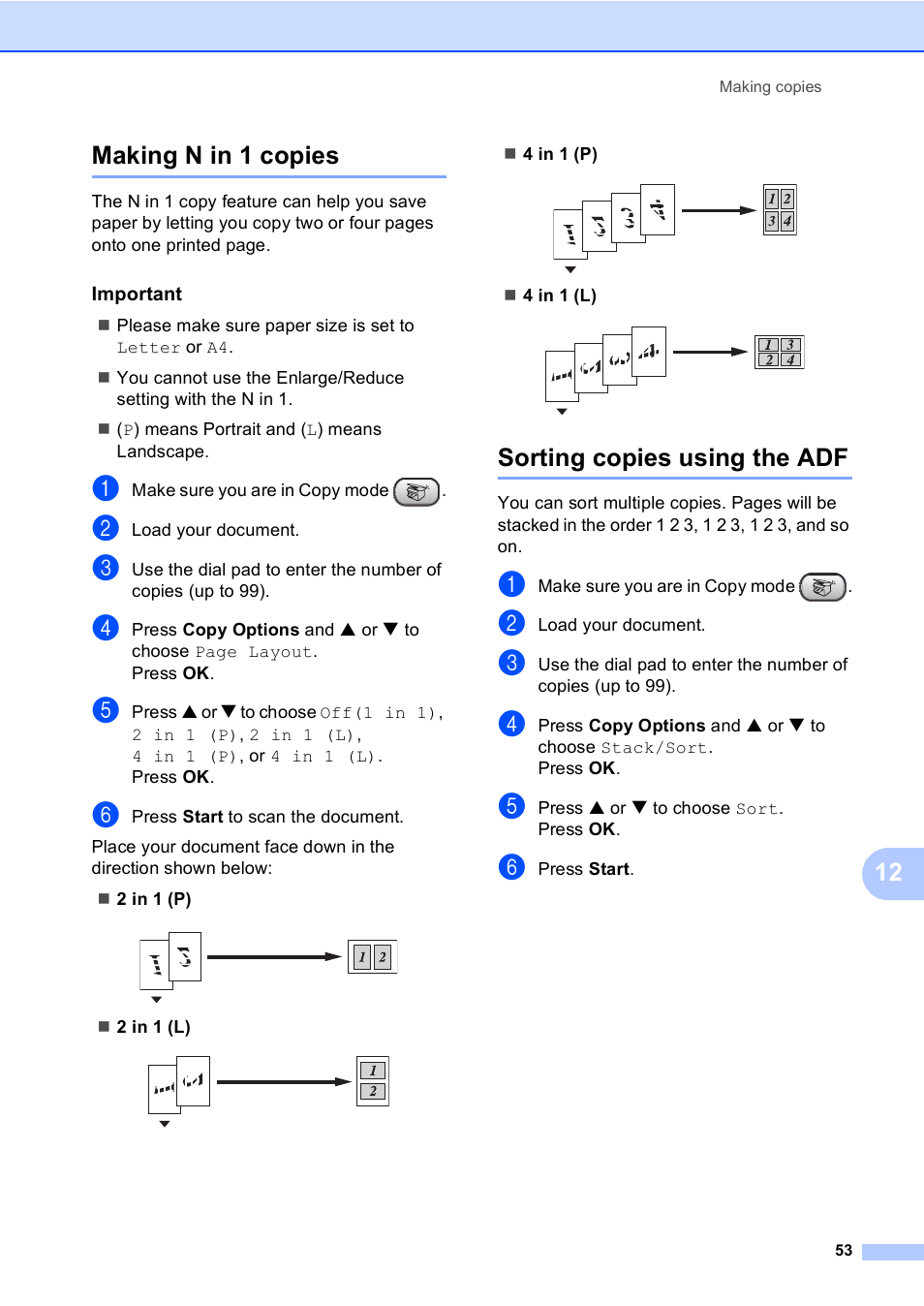 Making n in 1 copies, Important, Sorting copies using the adf | Making n in 1 copies sorting copies using the adf, 12 making n in 1 copies | Brother Fax 1360 User Manual | Page 67 / 118
