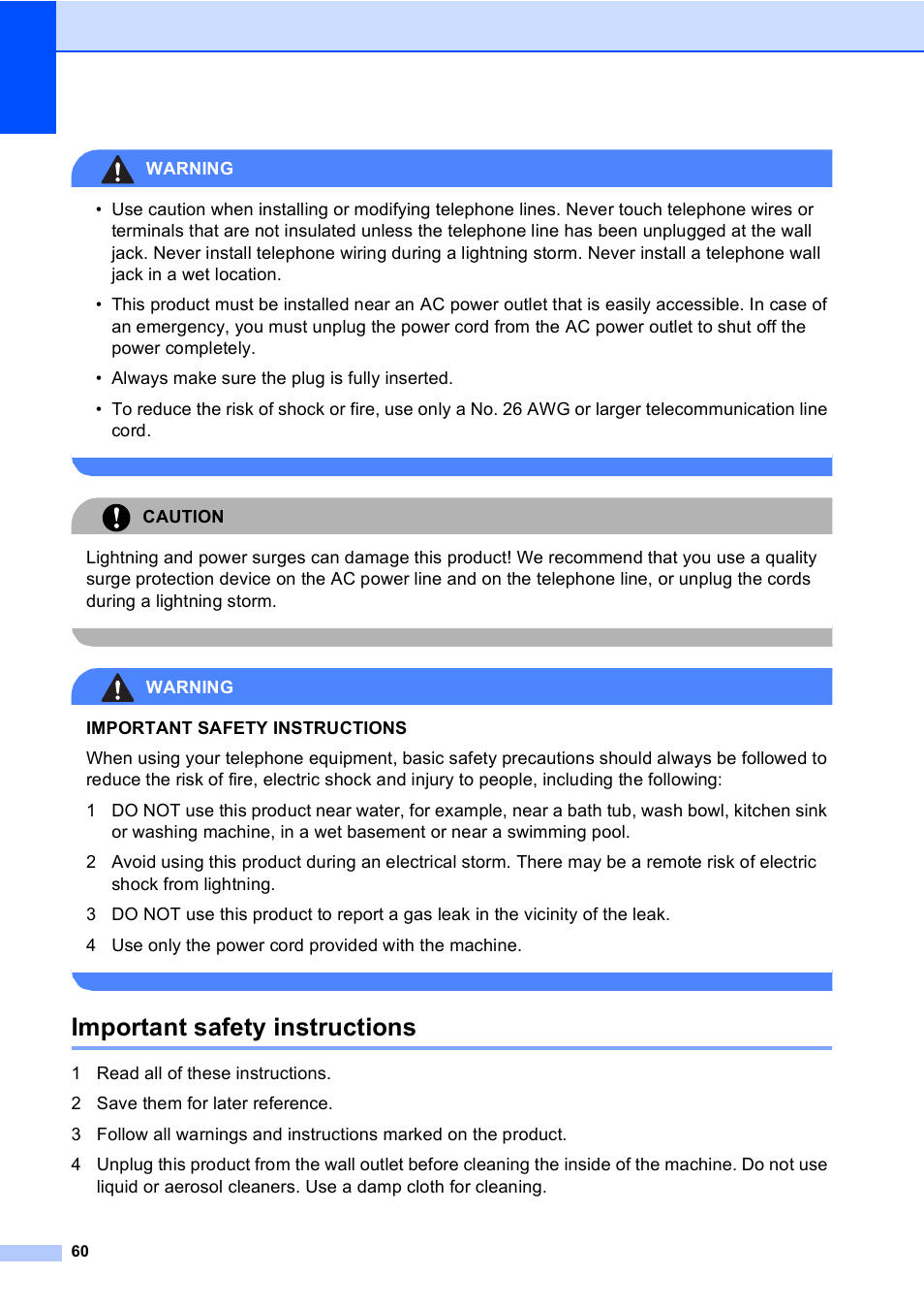 Important safety instructions | Brother Fax 1360 User Manual | Page 74 / 118