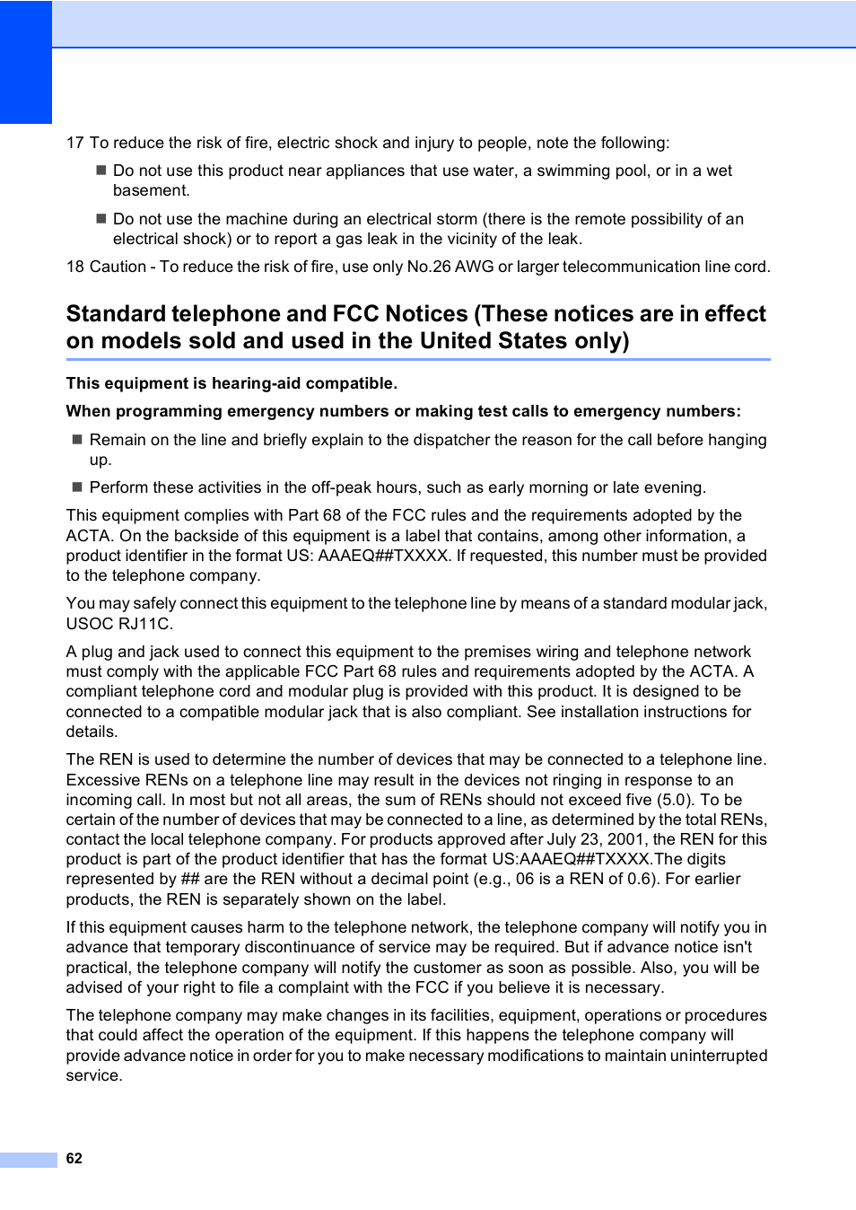 On models sold and used in the united states only) | Brother Fax 1360 User Manual | Page 76 / 118