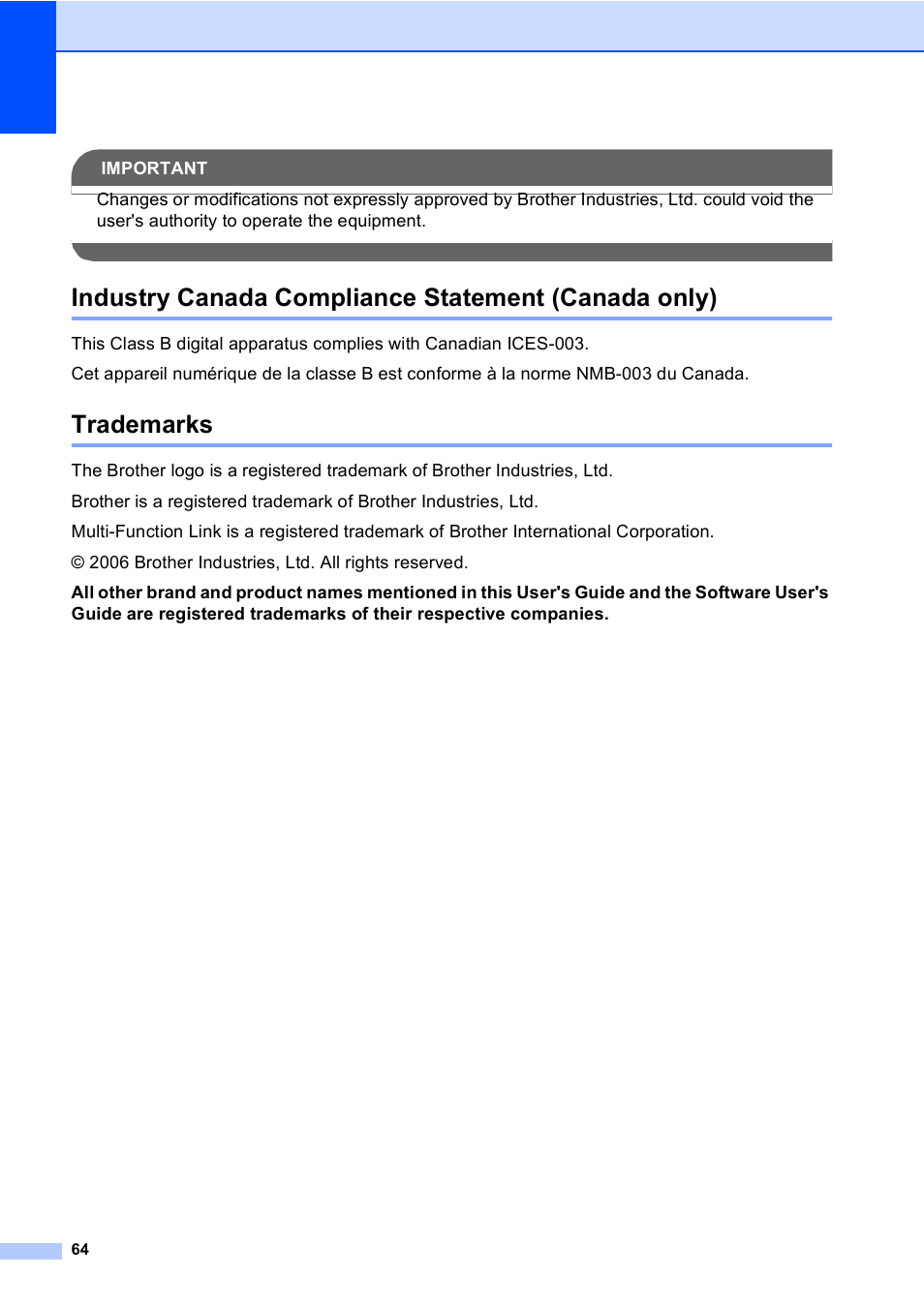 Industry canada compliance statement (canada only), Trademarks | Brother Fax 1360 User Manual | Page 78 / 118