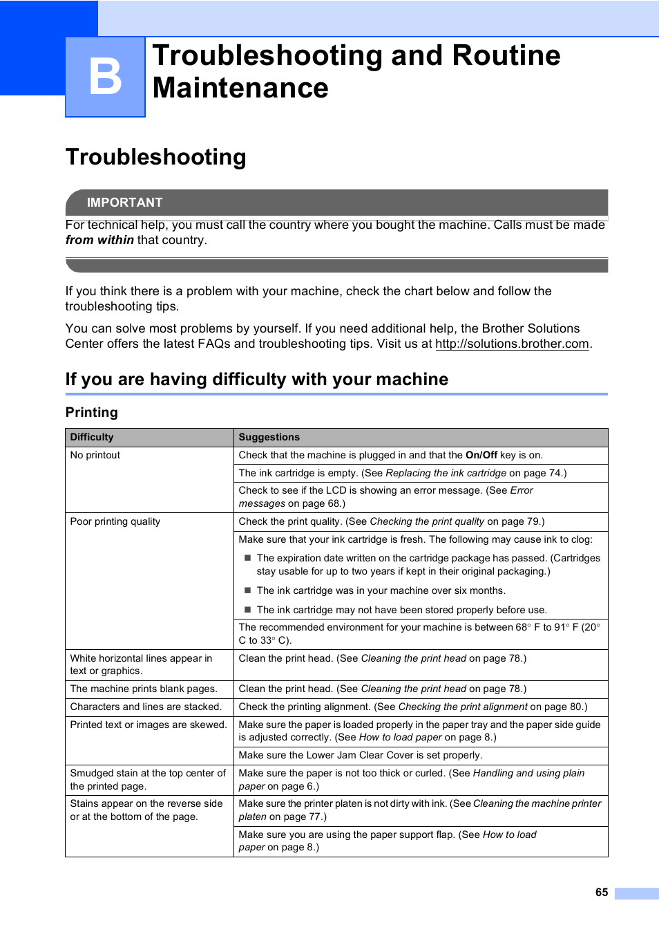 B troubleshooting and routine maintenance, Troubleshooting, If you are having difficulty with your machine | Troubleshooting and routine maintenance | Brother Fax 1360 User Manual | Page 79 / 118