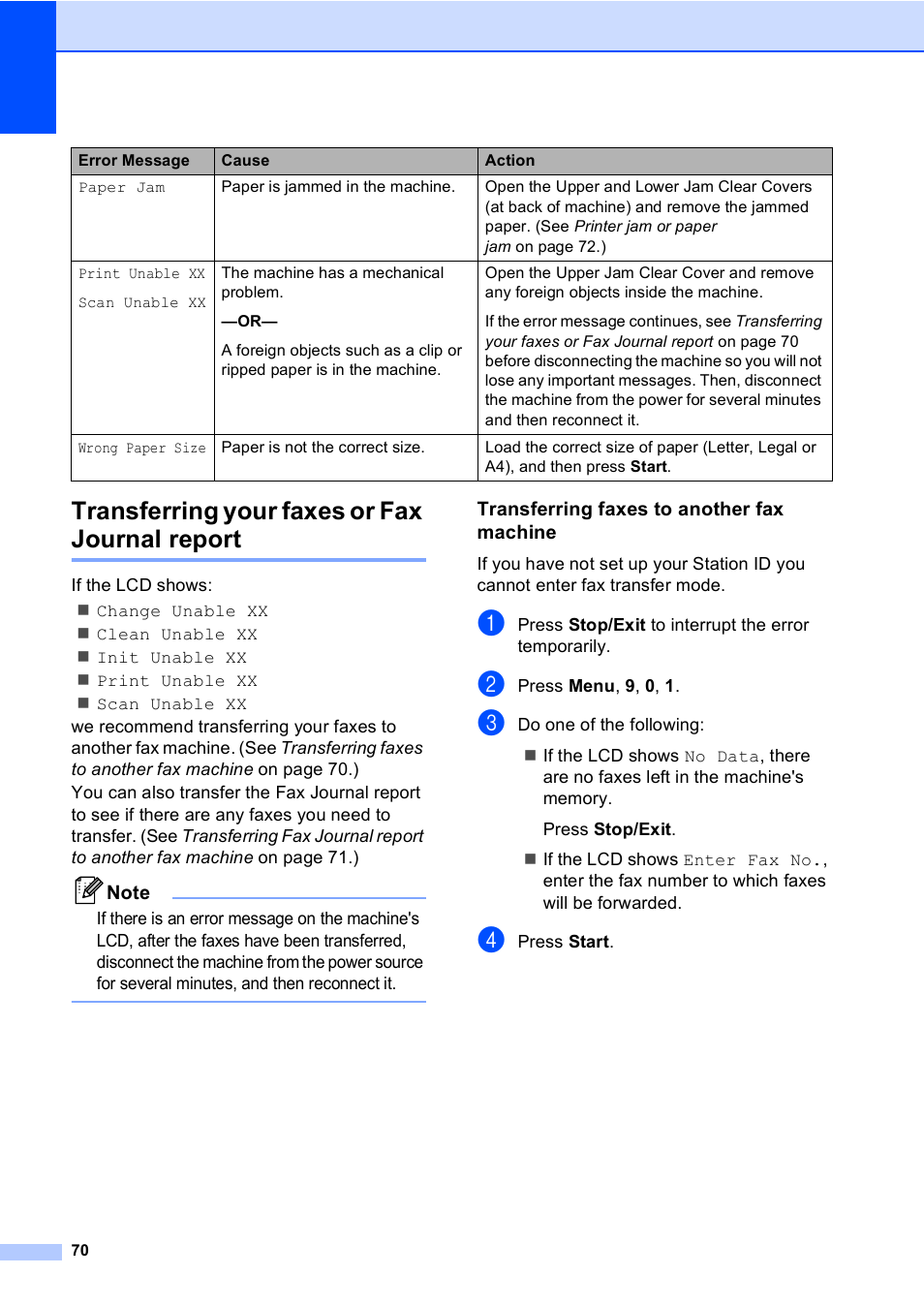 Transferring your faxes or fax journal report, Transferring faxes to another fax machine | Brother Fax 1360 User Manual | Page 84 / 118