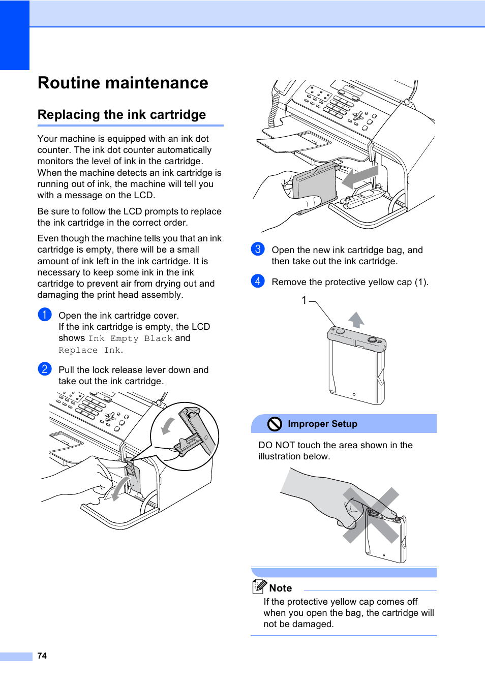 Routine maintenance, Replacing the ink cartridge | Brother Fax 1360 User Manual | Page 88 / 118