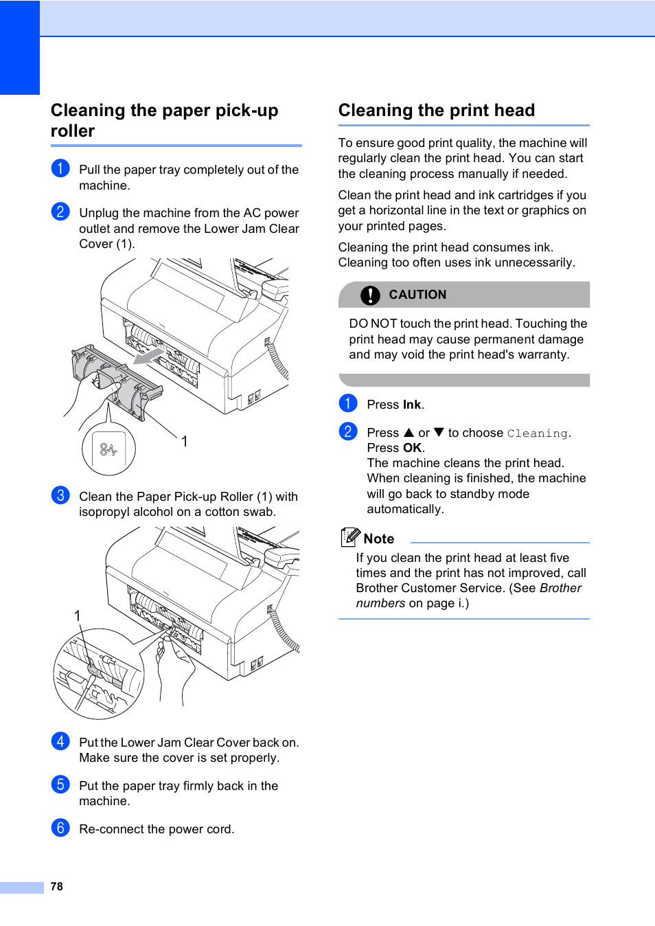 Cleaning the paper pick-up roller, Cleaning the print head | Brother Fax 1360 User Manual | Page 92 / 118