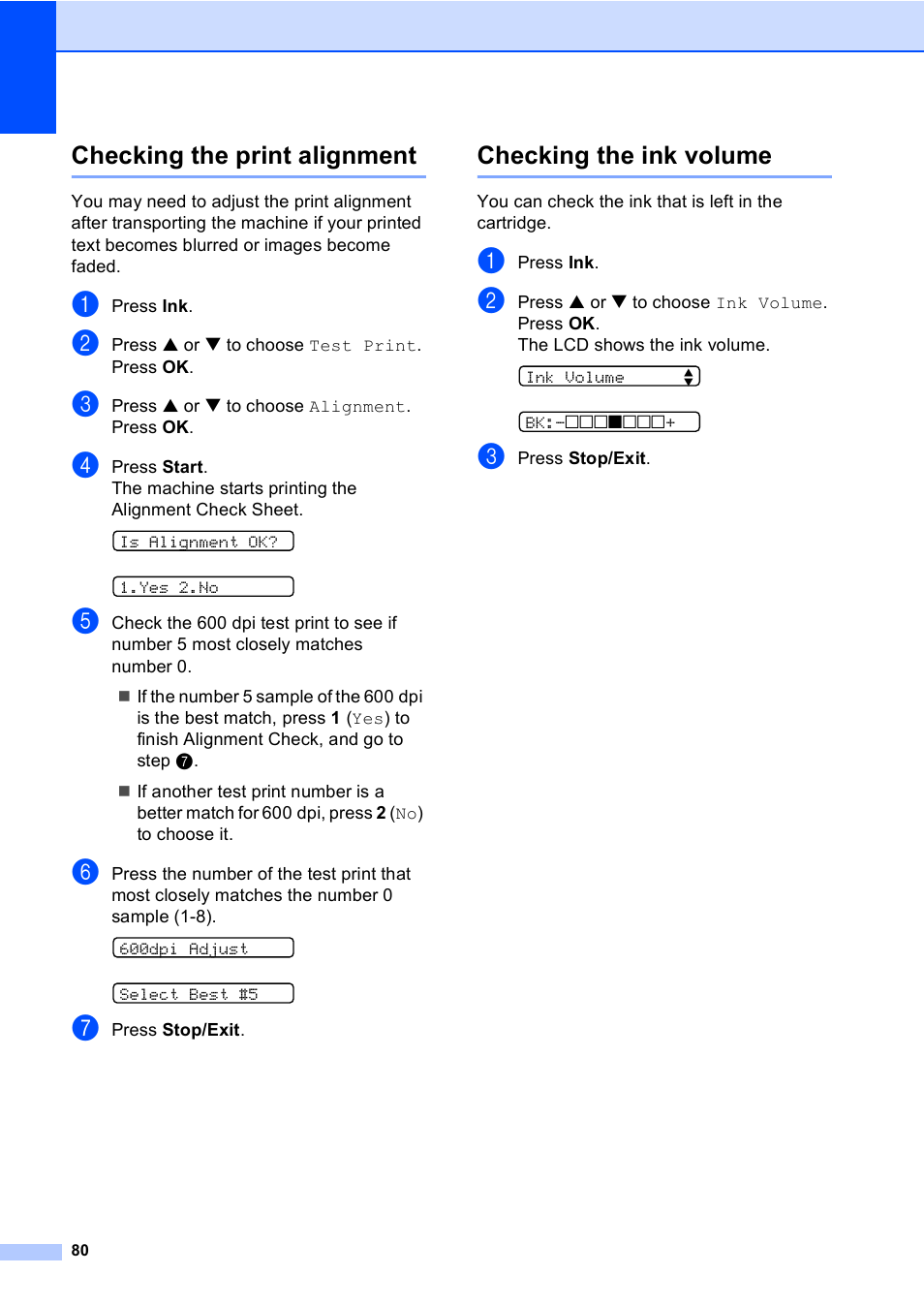 Checking the print alignment, Checking the ink volume | Brother Fax 1360 User Manual | Page 94 / 118