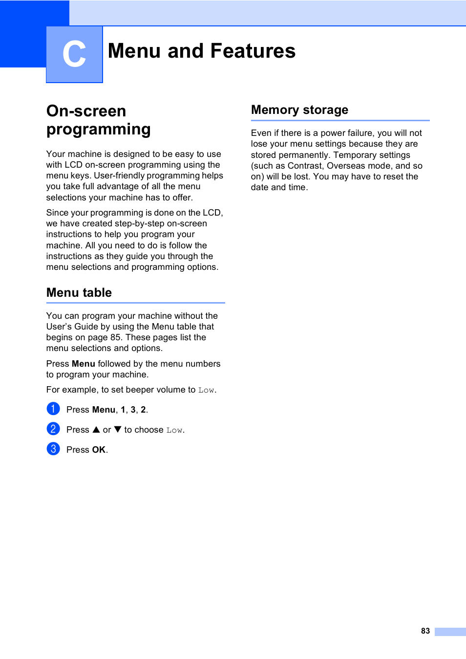 C menu and features, On-screen programming, Menu table | Memory storage, Menu and features, Menu table memory storage | Brother Fax 1360 User Manual | Page 97 / 118